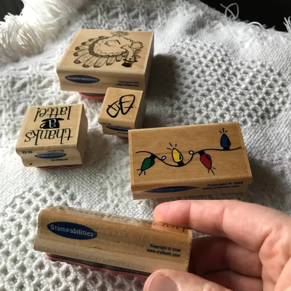 Pre-owned Wood-backed Rubber Stamp Holiday Lot of 8 stamps turkey birthday more